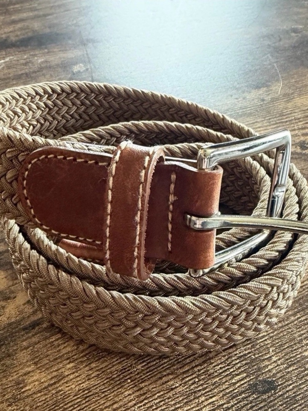 Brooks Brothers Tan Braided Stretch Belt with Brown Leather Trim